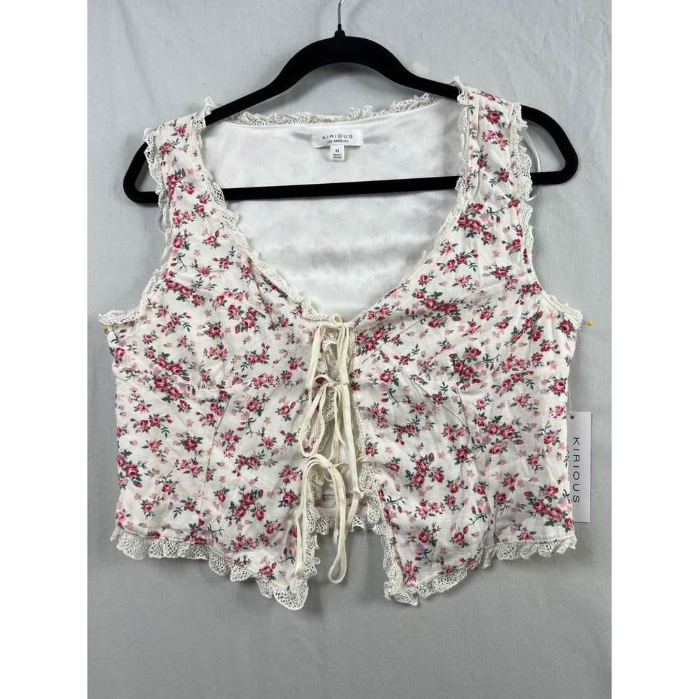 KIRIOUS Floral Lace Up Top Women M Coquette Crochet Milkmaid Cottagecore